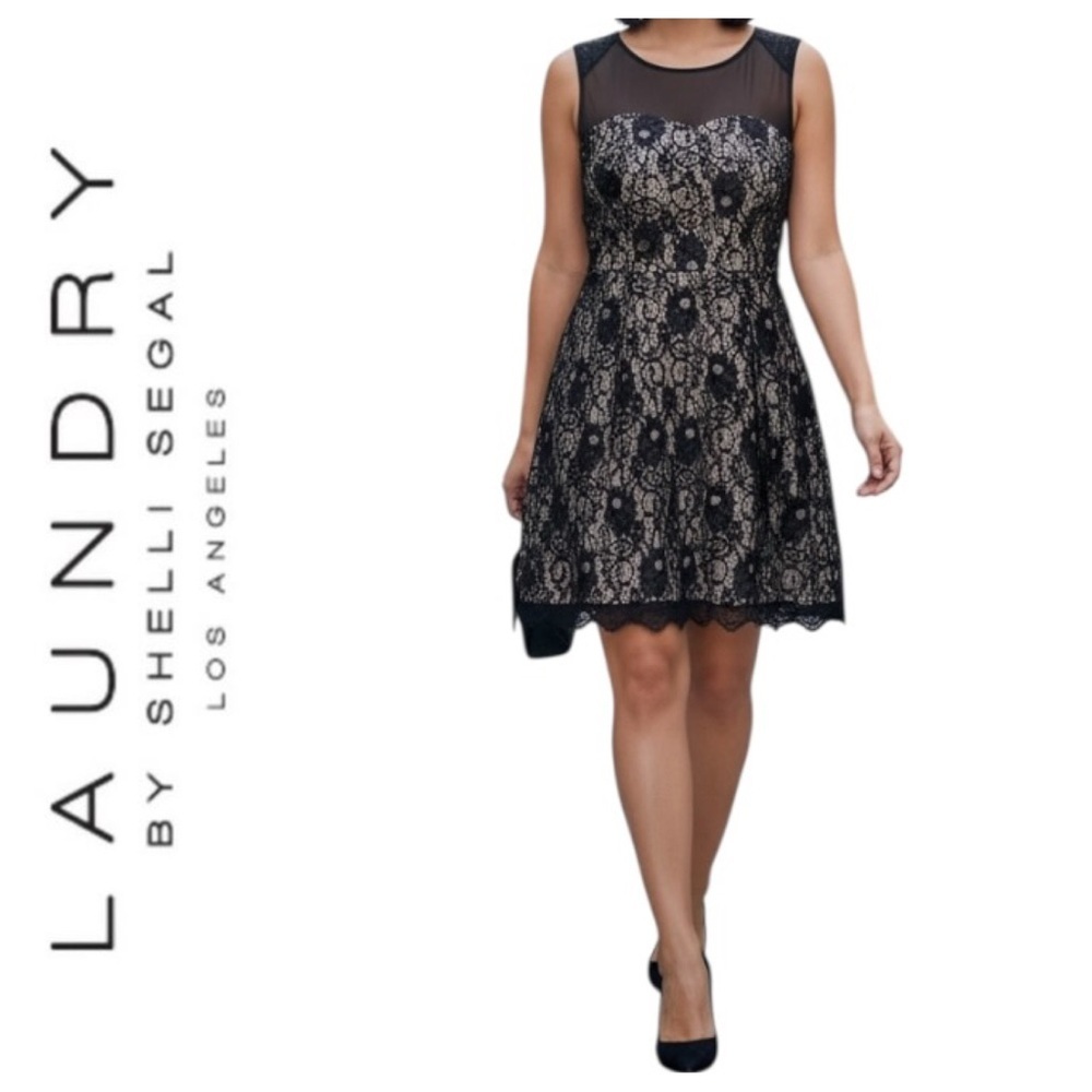 Laundry by Shelli Segal Black Lace Illusion Fit Flare Dress Floral Mini Size 6